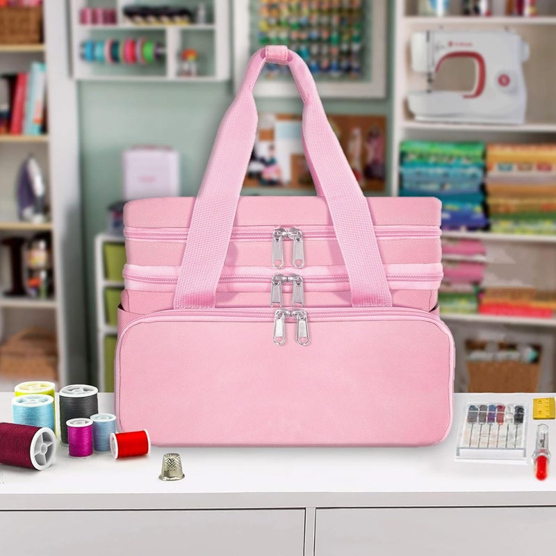 SINGER منظم ملحقات الخياطة (حقيبة فقط) - حقيبة تخزين خياطة محمولة بطبقتين | 2 حقيبة قابلة للفصل و 18 قسم، حقيبة كبيرة لمستلزمات الخياطة والحرف (وردي) - Image 5